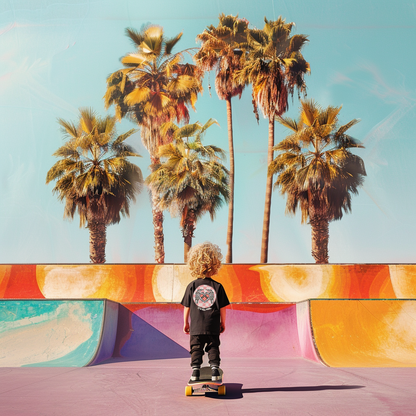 a young boy riding a skateboard in front of palm trees