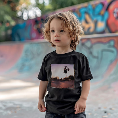 a young boy standing in front of a skateboard ramp