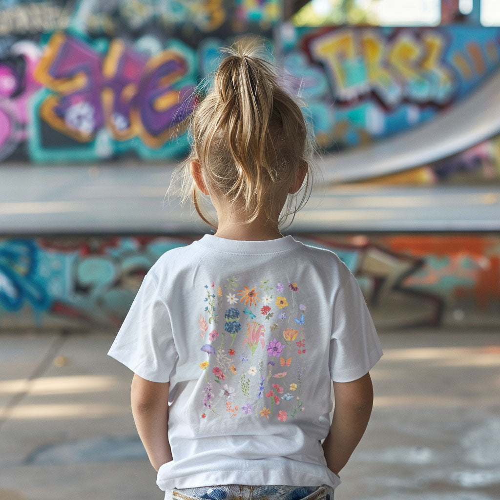 a little girl standing in front of a graffiti covered wall