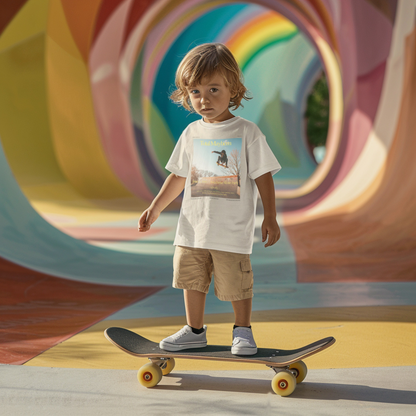 a little boy riding a skateboard in front of a colorful wall