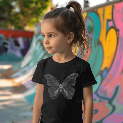 a little girl standing in front of a wall with a butterfly on it