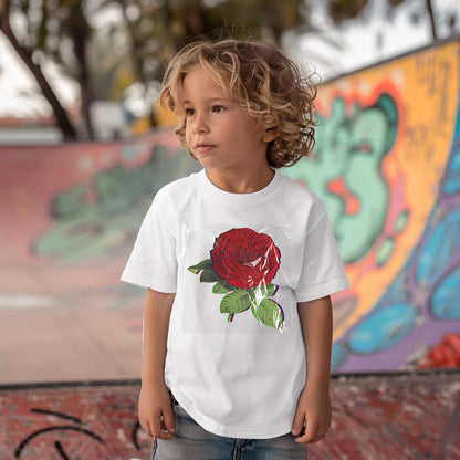 a little boy standing in front of a wall with a rose on it